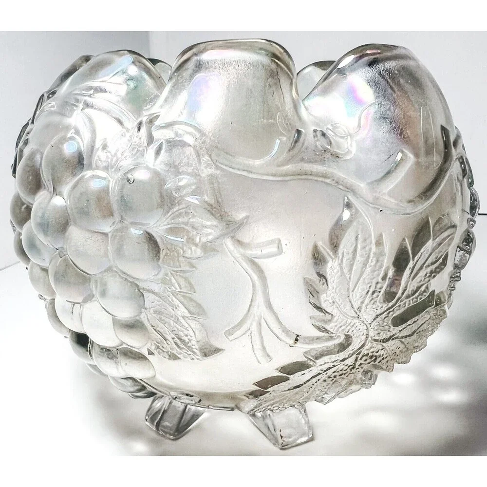 Antique Dugan Glass GRAPE DELIGHT Iridescent White Carnival Glass Rose Bowl GLOW